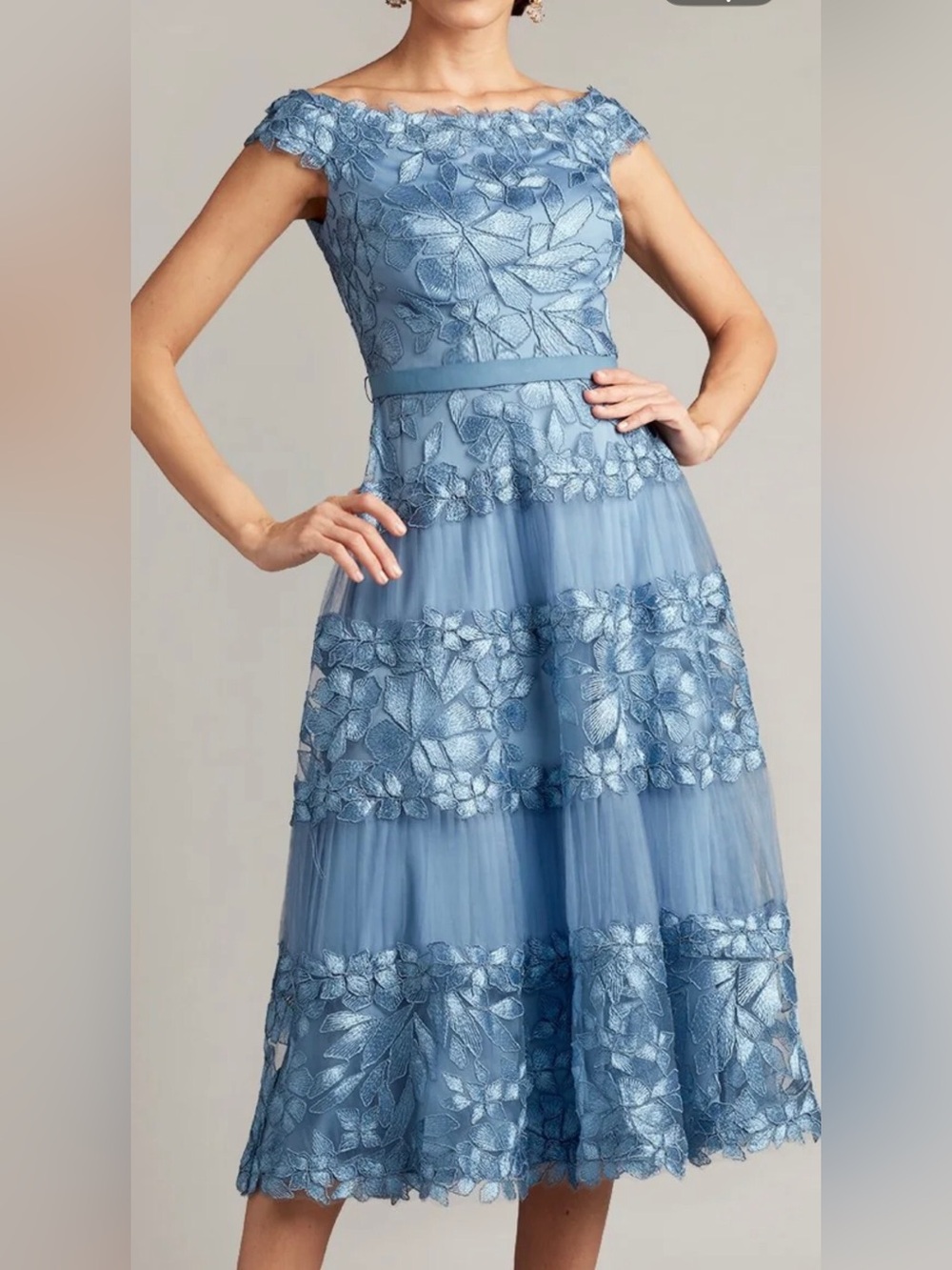Tadashi Shoji Dusty Blue Embroidered Lace Midi Dress